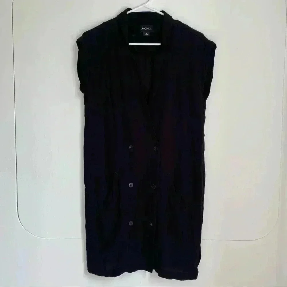 Monki Black Sleeveless Double Breasted Shirt Vest Dress with Pockets S - Picture 1 of 7